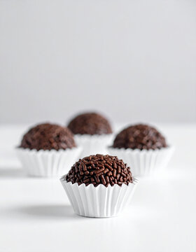 Traditional Brazilian brigadeiro on white table, chocolate sprinkles coating, appetizing sweet food, tasty