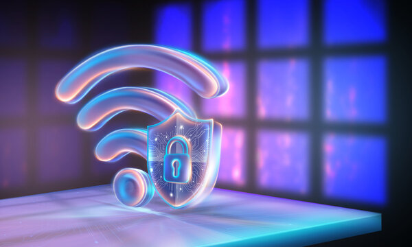 Secure wireless internet connection concept with glowing low-polygonal Wi-Fi symbol and padlock, neon light, room, window.