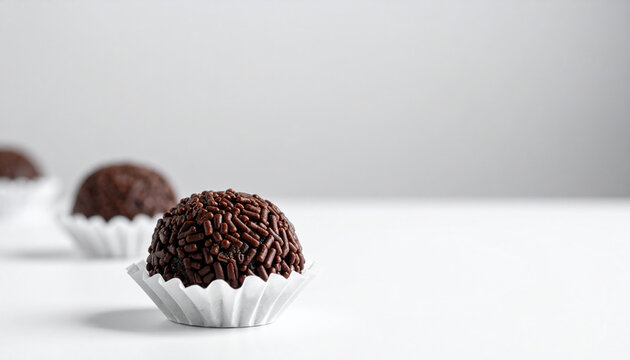 Traditional Brazilian brigadeiro on white table, chocolate sprinkles coating, appetizing sweet food, tasty