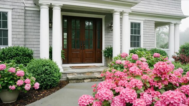 Residential home entrance with white columns, dark wood double doors, and vibrant pink hydrangeas