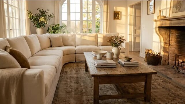 Warm inviting living room with sectional sofa, crackling fireplace, and sunlit arched windows