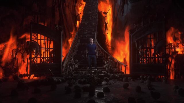 Man in hell. Sinner. A lonely sinfull man stands in front of a hell gates. Hell fire. Religious concept. Realistic 4k animation.