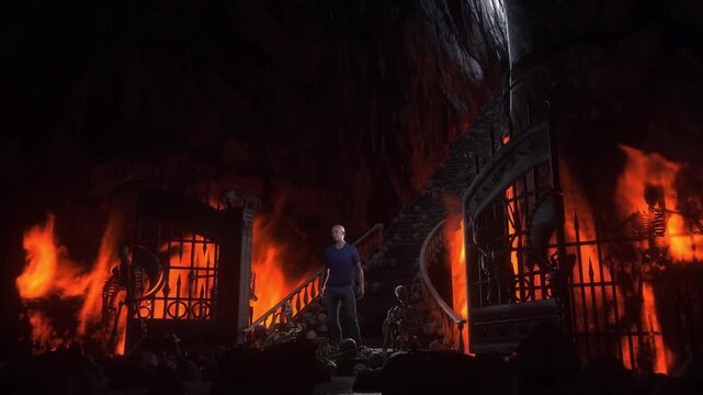 Man in hell. Sinner. A lonely sinfull man stands in front of a hell gates. Hell fire. Religious concept. Realistic 4k animation.