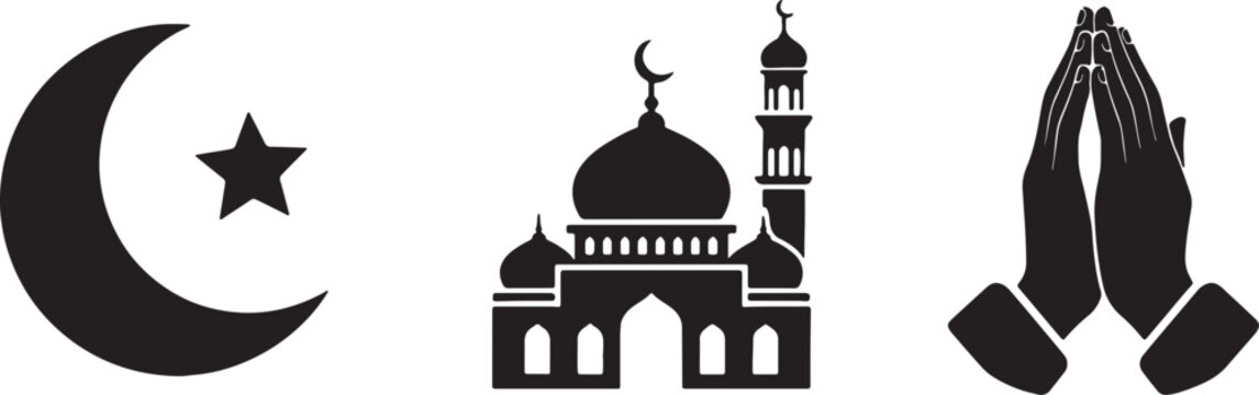 Islamic crescent moon and star, mosque with minaret, praying hands icons, vector illustrations for Ramadan or Eid Mubarak celebration, isolated on transparent background, png