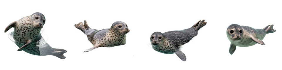 Seal PNG Isolated White Background, Harbor Seal Collection, Spotted Earless Seal Swimming, Marine Life Animal Clipart, Phoca Vitulina, Ocean Wildlife Elements © Char