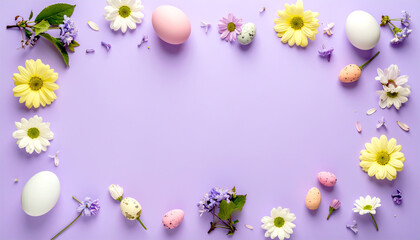 Pastell Osterlayout mit Blumen und Eiern auf violettem Hintergrund
