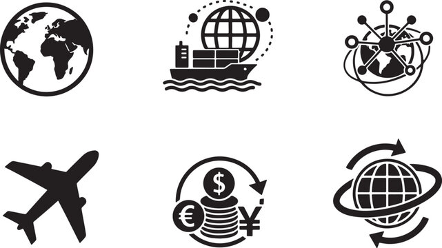 Global business and travel icons, vector illustrations for website, presentation or marketing materials, isolated on transparent background, png