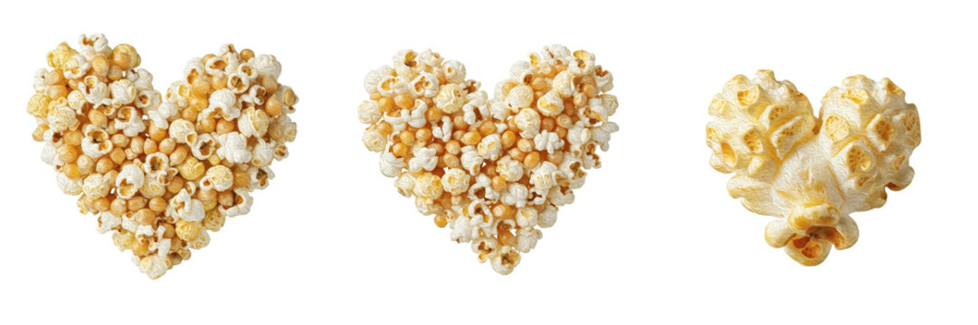 Set and collection of heart shaped popcorn snacks and caramel corn pieces for movie night and valentine concept isolated on white transparent png background