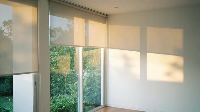 Modern bright room interior with large windows and roller blinds, warm sunlight entering through sheer fabric, creating soft shadows on the wall