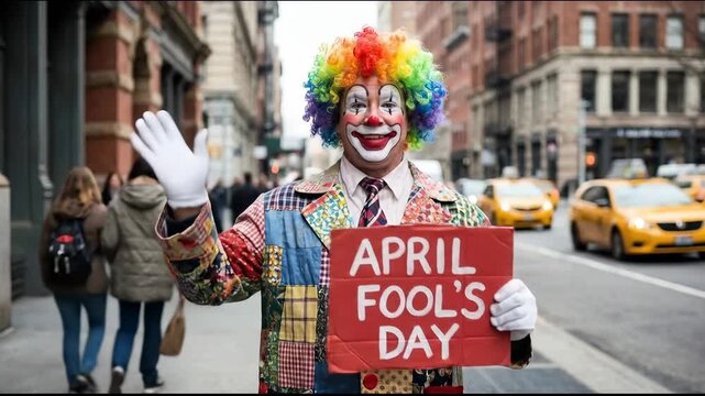 Man dressed as clown holding April Fools Day sign on busy city street with traffic and pedestrians