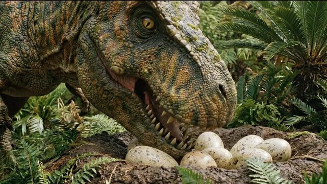 Large dinosaur guards speckled eggs in a nest within lush prehistoric jungle foliage