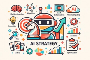 Obraz premium AI integration strategy visualized through engaging elements including a robot chess player symbolizing innovation and tactics for data driven decision making