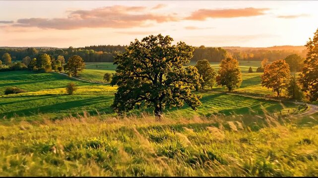 Golden autumn sunset light over vast rolling green fields with prominent trees and winding rural road