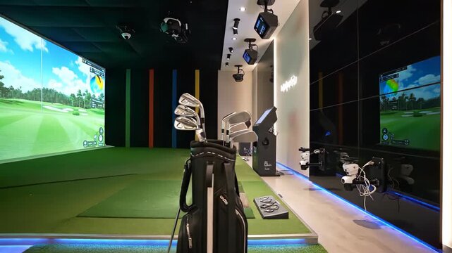 Indoor Golf Simulator with Projector Screens and Golf Clubs for Virtual Golf Practice.