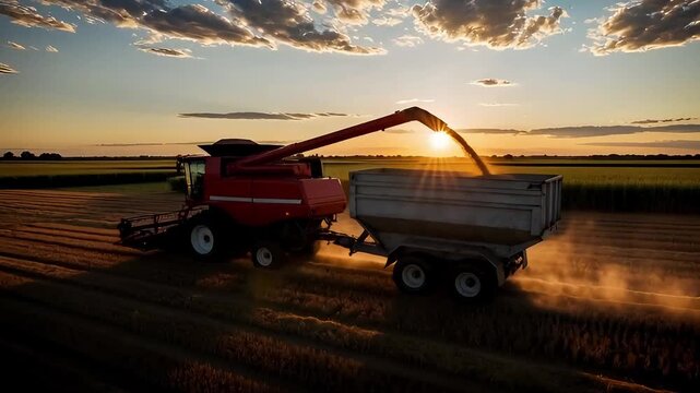 red combine harvester harvesting wheat in field at sunset into truck