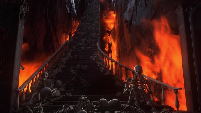 Hell gates. Road to hell fire. Devil portal. Sinner. Religious concept. Realistic 4k animation.