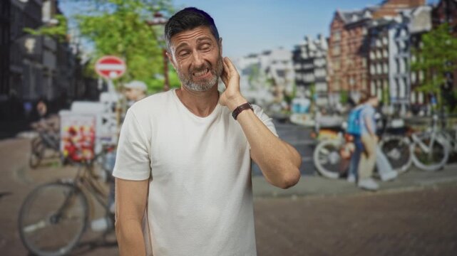 Man touching neck with hand and wry half smile beside bicycles by a canal on a street in amsterdam; awkwardness uncertainty.