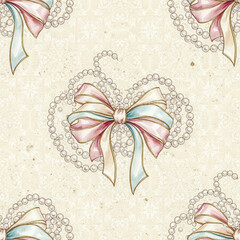  elegant, romantic seamless pattern featuring hand-painted watercolor bows and pearl hearts on a vintage damask background. Perfect for weddings or classic decor. Vector illustration