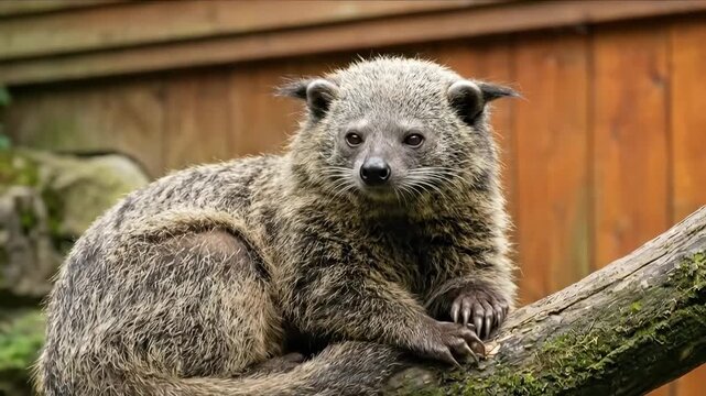 Curled up furry binturong sleeping peacefully on a moss-covered tree branch in a lush natural setting