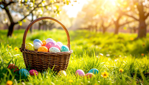 Korb voller bunter Ostereier im sonnigen Obstgarten auf gr&uuml;nem Gras, Osterstimmung im Fr&uuml;hling