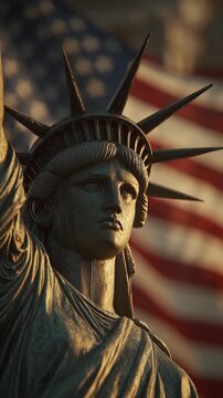 Close-up of the Statue of Liberty with American flag in the background.