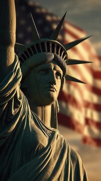 Close-up view of the Statue of Liberty with American flag in background during sunset.