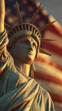 Close-up view of the Statue of Liberty with American flag background during sunset.
