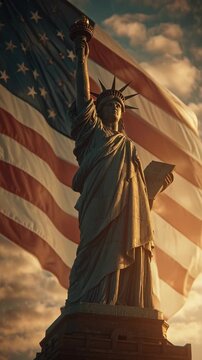 Statue of Liberty with American flag background during sunset.