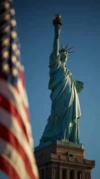 Statue of Liberty with American flag in foreground on clear day.
