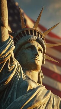 Close-up view of the Statue of Liberty with American flag background.