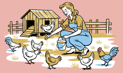 Retro illustration of a woman feeding chickens near a coop. Vintage style farm life, agriculture, and poultry keeping design element. © Tri