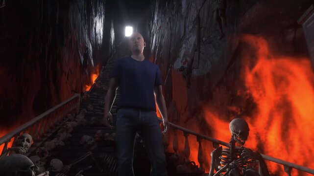 Hell gates. Road to hell fire. Devil portal. Sinner. Religious concept. Realistic 4k animation.