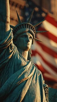 Close-up of the Statue of Liberty with American flag in background.