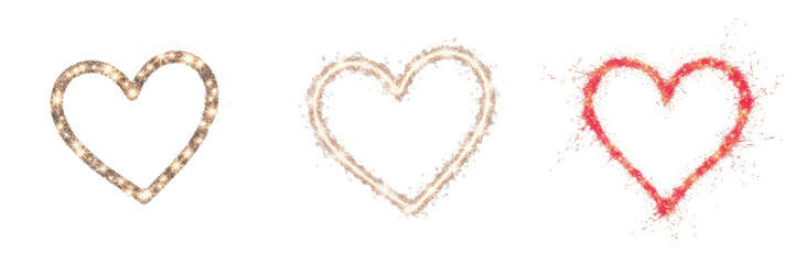 Set and collection of decorative heart outlines with marquee lights and glitter splash effects for...