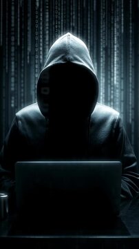 Hacker Mysterious hooded figure representing cyber security threat in dark environment.