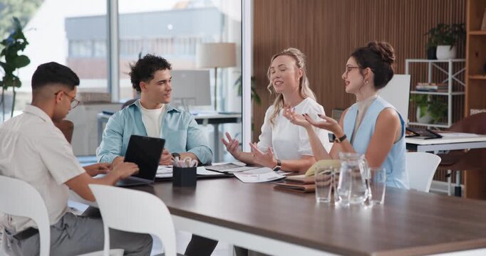 Business, woman and meeting with staff for discussion, planning and article feedback. Manager, talk and team listen with laptop, brainstorming and manuscript pitch with publication solution for story
