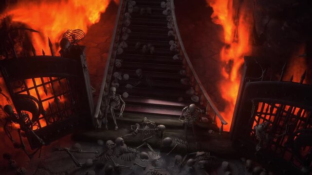 Hell gates. Road to hell fire. Devil portal. Sinner. Religious concept. Realistic 4k animation.