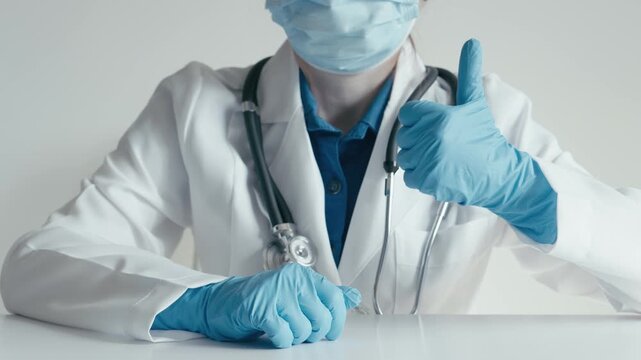A masked healthcare worker in scrubs and gloves gives a thumbsup, representing trust, support, and compassionate care in a clinical setting prioritizing health and wellness for patients and families