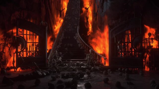 Hell gates. Road to hell fire. Devil portal. Sinner. Religious concept. Realistic 4k animation.