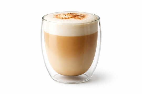 Cappuccino in a double wall glass isolated on white background. Hot coffee drink with milk foam, minimal cafe style.