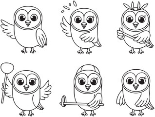Obraz premium Cute Owl Characters in Different Poses with Accessories background white