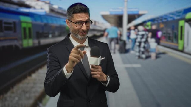 Man reporter holding microphone pointing finger on station platform near train in black suit and tie; confident reporting.