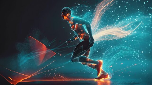 Futuristic athlete in motion, glowing wireframe body, neon particle trails, biomechanics, digital motion, energy burst, high speed sprint.