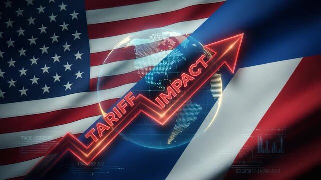 Depicting the economic impact between two nations, the image shows the waving flags with a glowing arrow indicating tariff changes.