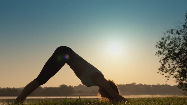 As the sun sets in golden hues, a figure practices yoga, embodying harmony of body and mind. The warm light illuminates the peaceful landscape, inspiring all fortunate enough to witness it