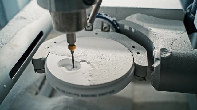 CNC Dental Milling Machine Carving Artificial Teeth in Modern Dental Laboratory. High Precision CNC Dental Milling Machine Creating Artificial Teeth Close Up. Advanced CAD CAM Dental Milling Machine