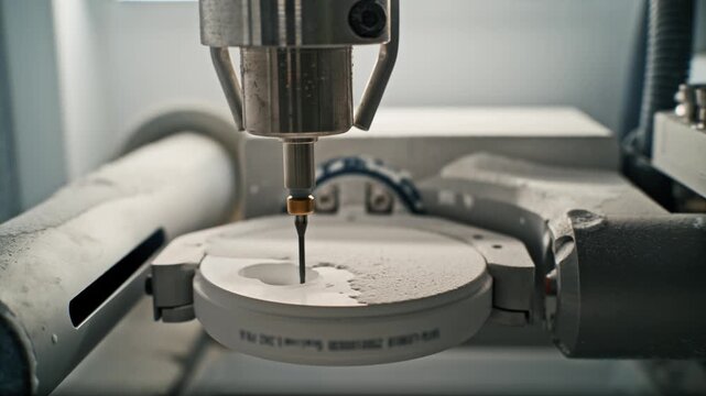 CNC Dental Milling Machine Carving Artificial Teeth in Modern Dental Laboratory. High Precision CNC Dental Milling Machine Creating Artificial Teeth Close Up. Advanced CAD CAM Dental Milling Machine