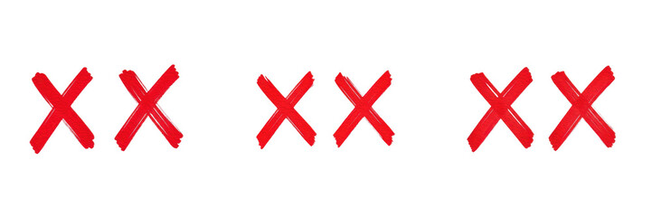 Set and Collection of Red Hand Drawn Cross Marks, Marker X Signs for Rejection and Error, Wrong Choice Symbols, Emphasis Warning Graphics isolated on white transparent PNG background