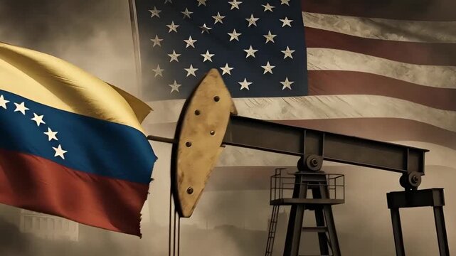 venezuela and usa flags with oil pump jack and flying documents over industrial landscape representing economic relations