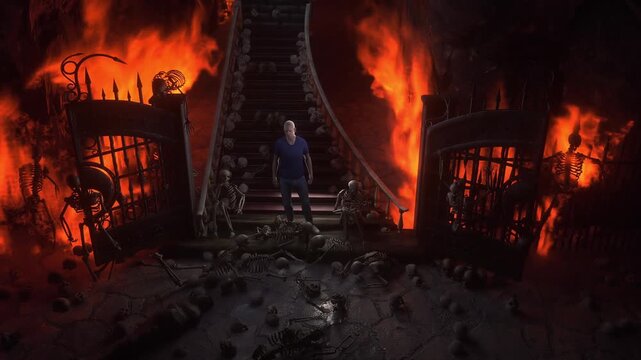 Man in hell. Sinner. A lonely sinfull man stands in front of a hell gates. Hell fire. Religious concept. Realistic 4k animation.